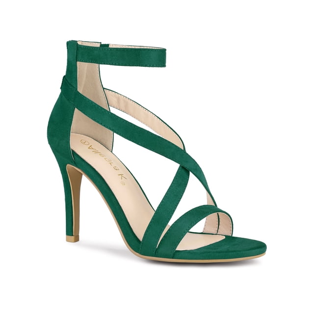 BLISSFUL STEP Women Zipper Ankle Strap Stiletto Heel Sandals in emerald green, size 6. Features a 95mm stiletto heel, faux suede vamp, rubber outsole, and ABS heel. The design includes crisscross straps at the open toe and a self-tie ankle strap for added elegance.