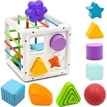 LivinVeluris Montessori Toys for 1 Year Old - Baby Shape Sorting Toy with Elastic Bands & Sensory Shapes, Early Learning Toys for Toddlers 1-3, Educational Sensory Bin with Colorful Cubes