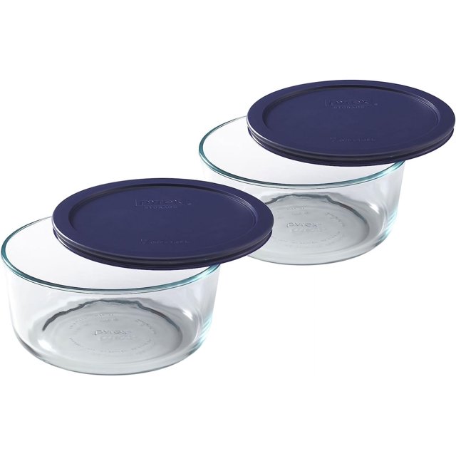 Pyrex Storage Plus Plat Rond en Verre de 7 Tasses pour Aliments, Couvercle Bleu, Lot de 2