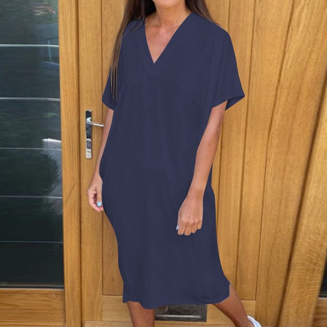 Ovzne Robes Grande Taille pour Femmes aux Formes Robe d'Été Robe Décontractée pour Femme Couleur Unie Col en V à Manches Courtes Robe Décontractée Robe pour Femme à Manches Courtes Liquidation