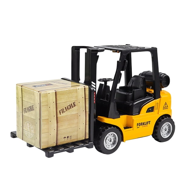 Childrens Alloy Toy Mini Pull Back Engineering Truck Construction Engineering Forklift, a yellow alloy toy forklift with black accents, lifting a simulated wooden crate labeled 'Fragile.' Designed for children, it features pull-back functionality for smooth movement and a crash-resistant alloy body. Ideal as a toy vehicle for imaginative play. Size: 18.7 x 11.2 x 7 cm.