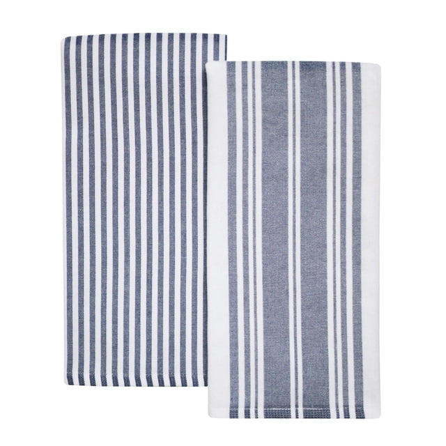 Better Homes & Gardens 2pk Kitchen Towel, Flat Woven, two 100% cotton oversized kitchen towels measuring 30 by 20 inches with blue and white vertical stripes, designed for drying dishes, wiping surfaces, and often used as decorative accents.