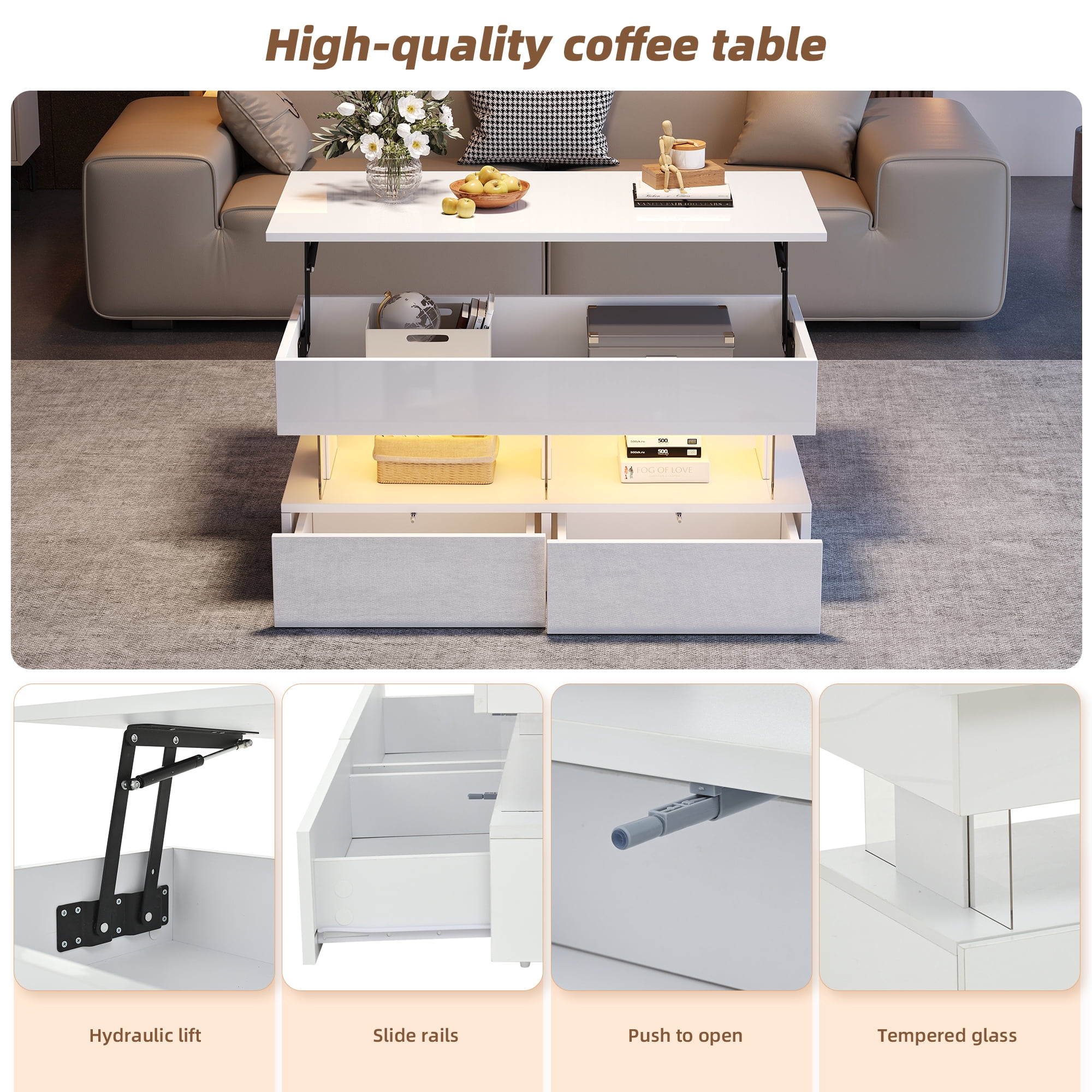 Homy Casa Table Basse Relevable avec 2 Tabourets, Rangement Blanc Brillant DEL