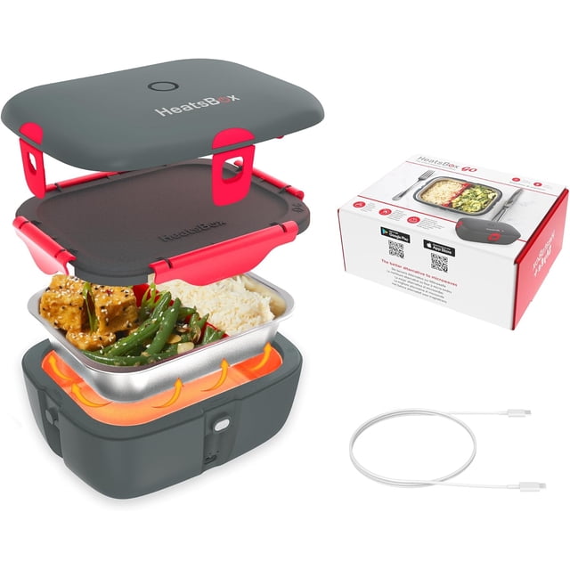 HeatsBox Go Portable Electric Lunch Box - Leakproof, Battery Powered, Self Heating, App Control, Reusable Inner Dish; Ideal for School, Work, Gym, Car, Outdoors