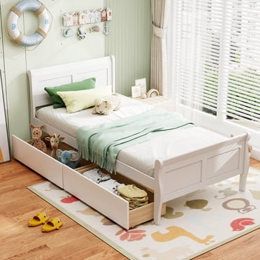Costway Twin Size Bed Frame with 2 Storage Drawers Wood Platform Bed with Headboard White