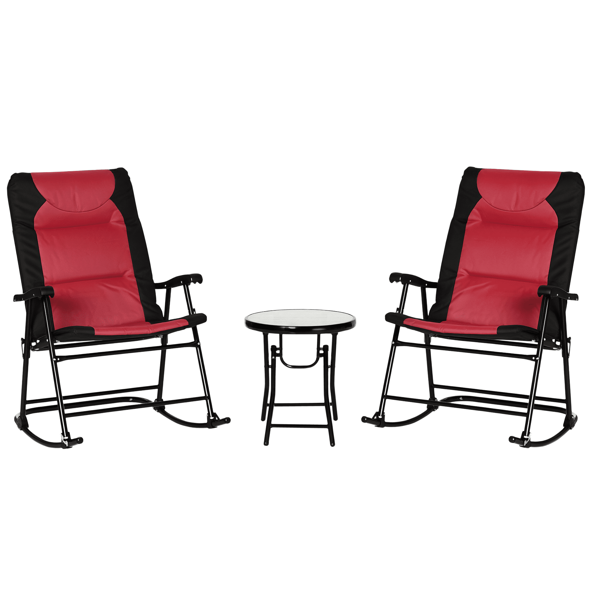 Outsunny 3-Piece Red Foldable Rocking Chair Set with Side Table, Durable Steel Frame Outdoor Bistro Set, Padded Seats for Patio, Garden, Backyard, Park, 26.8"W x 35.5"D x 41.8"H