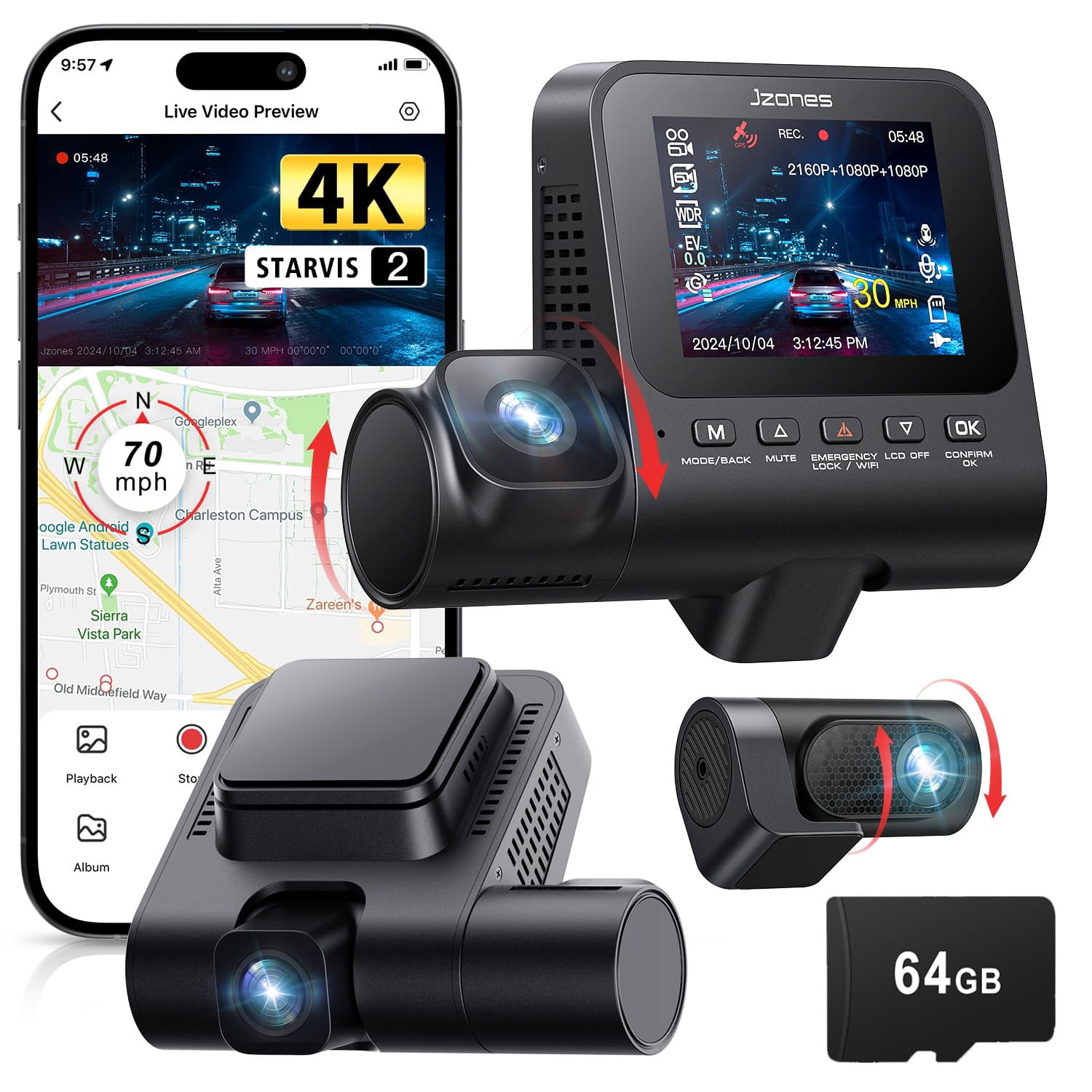 Jzones 4K 3-Channel Dash Cam Front and Rear with Cabin, STARVIS 2 Sensor, Dash Camera for Cars with WiFi 6, G-Sensor, Loop Recording, Night Vision, 24H Parking Mode, 64GB Card Included