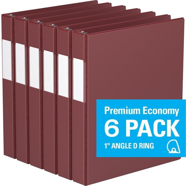 Davis Group, Premium Economy, D Ring, Binder, 6 Pack, 1" featuring six maroon binders with clear white spine label holders and 1-inch angle D rings, ideal for document organization, conferences, and academic use.