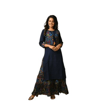 DWEEP SARA Ensemble Kurta de Travail en Coton Bleu pour Femmes, Veste Kutch et Jupe, Imprimé Ajrak, M/38