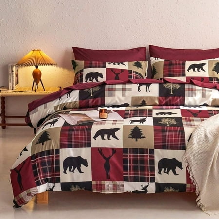 Wake In Cloud - Rustic Comforter Set, Cabin Christmas Farmhouse Western Lodge Woodland Wildlife Patchwork RV Outdoor Theme, Soft Lightweight Bedding, 3-Piece, Burgundy Bl