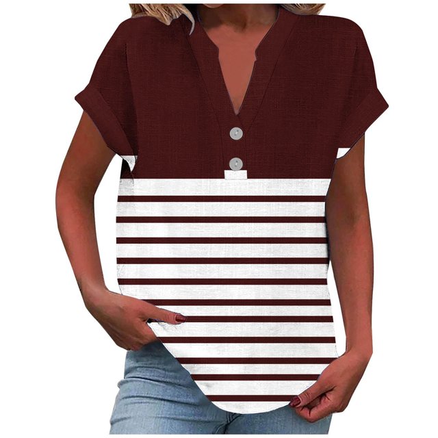fatyb Womens Printed V Neck Tops Short Sleeve Button V Neck Tshirts Lightweight Summer Beach Blouses