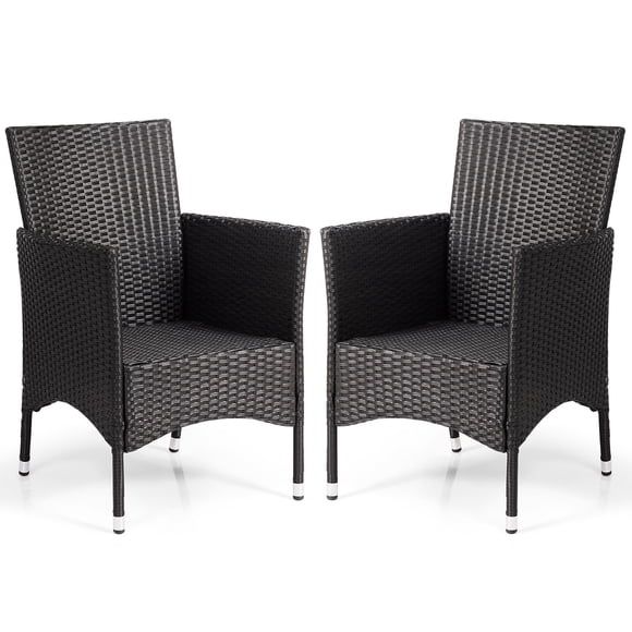 Patiojoy 2PC Patio Rattan Wicker Dining Chairs Set With Cushions Black