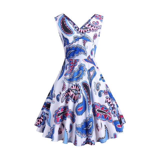 EGNMCR Robes de Soirée pour Femmes, Robes Formelles pour Femmes, Robes de Cocktail pour Femmes Sans Manches à Col en V Mi-Mollet Robe Confortable d'Été pour Femmes Sans Manches à Col en V Vintage Régulière à Imprimé Robe de Fête Robe pour Femme