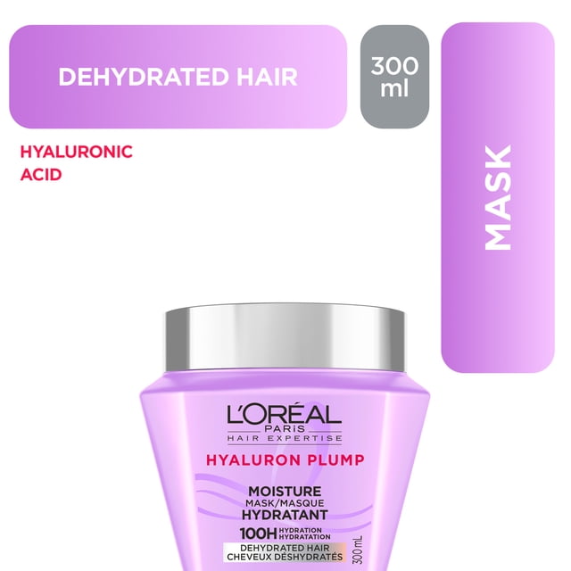 L'Oreal Paris Hair Expertise Hyaluron Repulpant, Masque Hydratant pour Cheveux, 300 ml Vue de devant Centrée Montrant l'Étiquetage du Produit; Traitement Revitalisant en Trois Minutes en Profondeur Formulé avec un Système de Soins à 13 % d'Acide Hyaluronique Qui Offre jusqu'à 100 Heures d'Hydratation pour Cheveux Déshydratés, Fibres Repulpantes pour des Brins Plus Légers, Plus Doux, Plus Lisses sur un Fond Blanc Uni; Convient pour un Regain d'Hydratation Rapide de 3 Minutes avant le Coiffage.