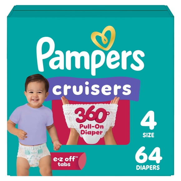 Pampers Couches - Cruisers 360° - Taille 4, Ajustement Anti-Fuites jusqu'à 100 %, Conçues pour les Bébés Actifs, Couche à Enfiler, Attaches EZ Off Conçues pour des Changements Faciles