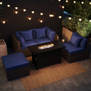 Costway 5 PCS Patio Furniture Set Heavy-duty Frame Rattan Sofa Set with 60,000 BTU Firepit Table Navy