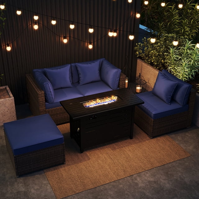 Costway 5 PCS Patio Furniture Set Heavy-duty Frame Rattan Sofa Set with 60,000 BTU Firepit Table Navy