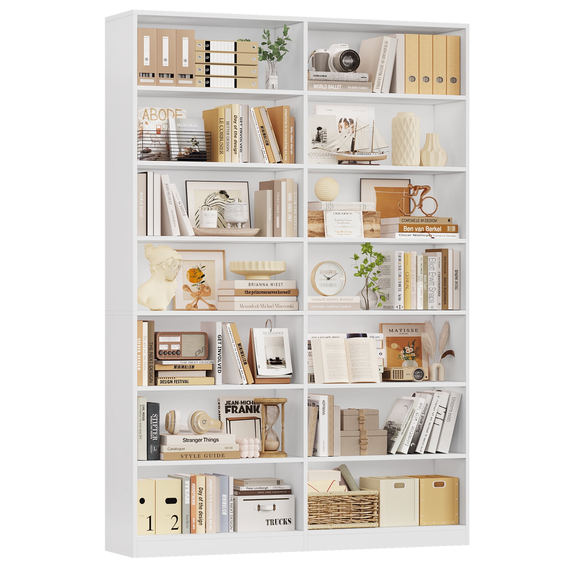 Hiphuta 84" Tall Double Wide 7-Tier Bookcase with 14 Cubes, Large Open Bookcase for Home Office and Living Room, Freestanding Display Book Shelves, White