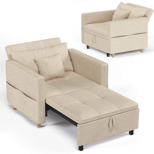 AECOJOY Fauteuil-Lit Convertible 3-en-1 de 31,5 Pouces et Canapé-Lit Futon avec Dossier Réglable et 2 Oreillers - Beige