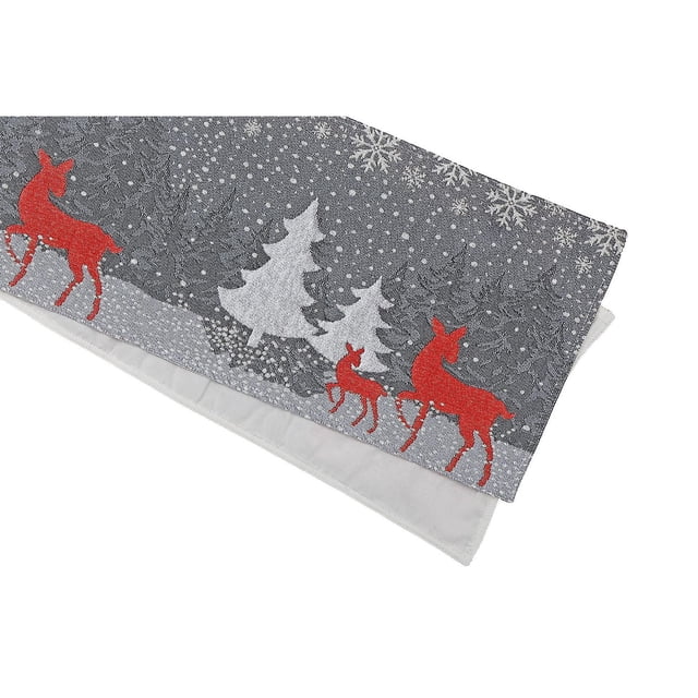 Tapestry Table Runner Reindeer and Tree 36" - Set of 2 folded grey tapestry runners featuring red reindeer and white pine trees with snowflakes in a winter scene, ideal for festive dining table décor and adding seasonal charm.