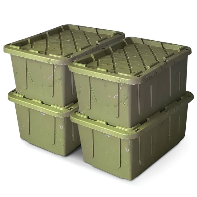 HOMZ Durabilt 27 Gallon Heavy-Duty Storage Tote with Snap Fit Lid (4 Pack) in olive green, stacked for space-saving storage. Made from impact-resistant plastic, these bins are ideal for organizing tools, camping gear, or holiday decorations. Features include snap-fit lids, tie-down hasps, and ergonomic handles for secure and convenient use. Perfect for storage bins and organization solutions in garages or closets.