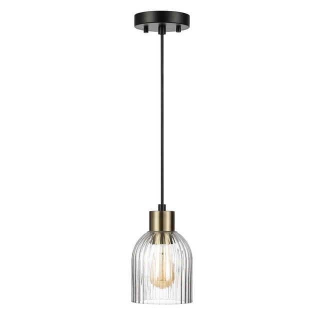 1-Light Matte Black Pendant Light with Ribbed Glass Shade and Matte Brass Accent featuring a clear ribbed glass shade hanging from a matte black ceiling canopy and cord, with a matte brass socket, suitable for dimmable indoor ceiling lighting and compatible with smart bulbs.