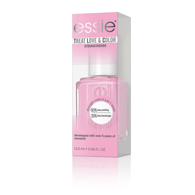 Essie Treat Love & Color Nail Polish strengthener in pink, shown in a clear glass bottle with white cap inside a pink and white box stating 60% less peeling and 35% less breakage for stronger nails, containing 13.5 ml (0.46 fl. oz.)