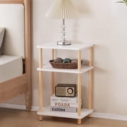 3 Tier Nightstand, End Table with Storage Shelf, Wooden Vinyl Record, Farmhouse Bedside Table for Small Spaces, Bedroom, Living Room, Easy Assembly, White+Natural