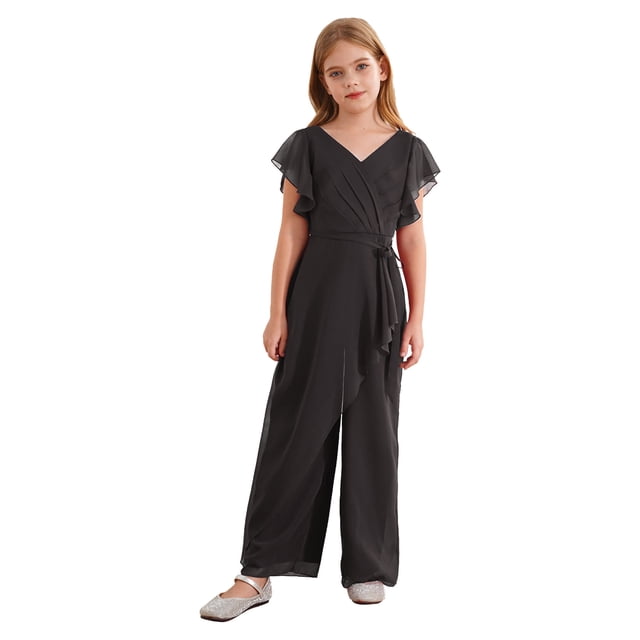 Zaldita Combinaison Large pour Filles Col en V en Chiffon à Volants Robe de Soirée pour Concours Noir 14