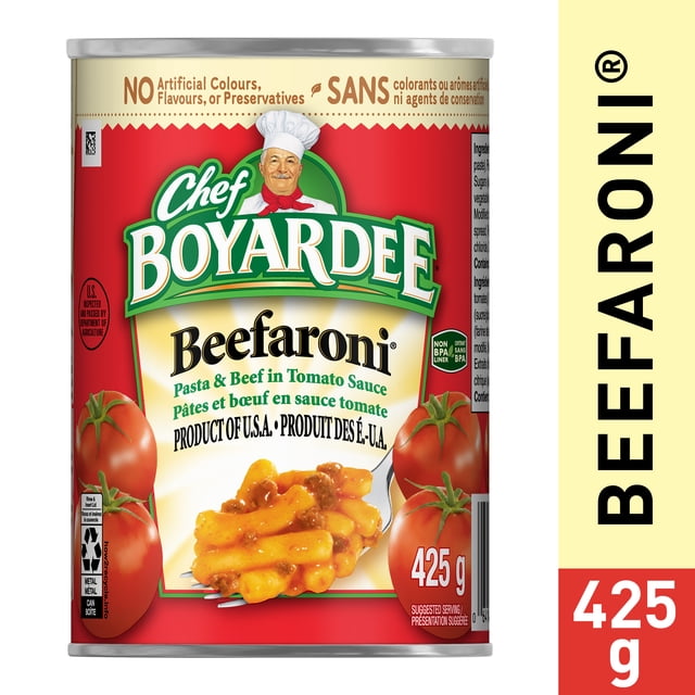 Chef Boyardee® Pâtes au Bœuf et au Bœuf dans une Sauce Tomate Boîte de 425 g avec Étiquette Rouge et Crème Présentant des Pâtes au macaroni et du Bœuf dans une Sauce Tomate sur une Fourchette, images de Tomate Fraîches, Sans Colorants, Arômes Ni Agents de Conservation Artificiels, et un Doublure Sans BPA, Idéal pour des Repas Rapides au Garde-Manger.