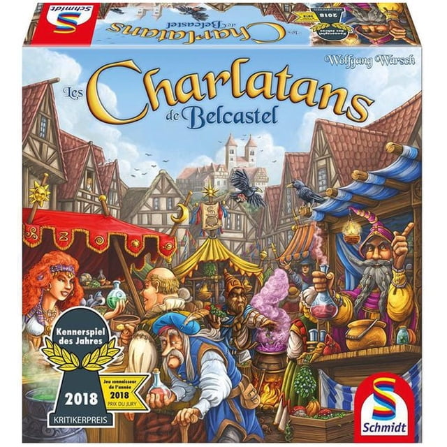 Schmidt: The Quacks of Quedlinburg - Boîte de Jeu de Société Française Représentant une Scène Vibrante de Marché Médiéval avec des charlatans Infusant des potions et Vendant des Ingrédients sous des Tentes Colorées, Installés parmi des Bâtiments à Cadre en Bois et un Ciel Bleu, avec Kennerspiel des Jahres 2018 et des badges Prix du Jury.