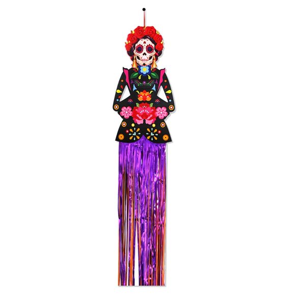 Day of The Dead Sugar Skull Hanging Decorations, 4.5FT Dia De Los Muertos Hanging Sugar Skull Decors, Halloween Mexican Fiesta Party Home Outdoor Decor