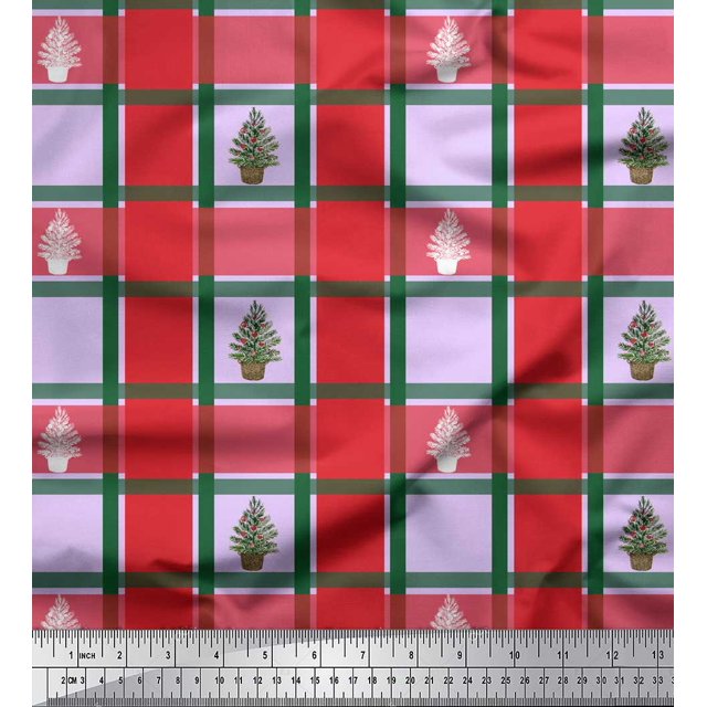 Soimoi Purple Modal Satin Fabric Plant & Check Print Fabric by the Yard 42 Inch Wide