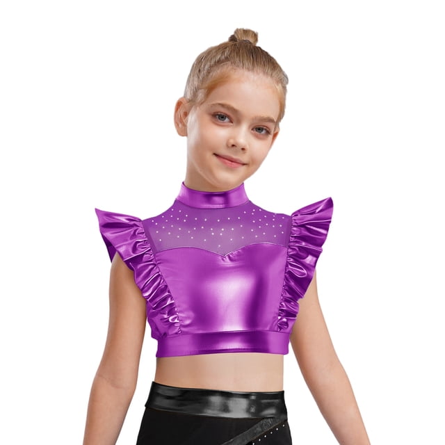 Hansber Kids Girls Ruffle Crop Tops Shiny Mesh Patchwork Hip Hop Street Dance Tops Performance Costume Purple 12