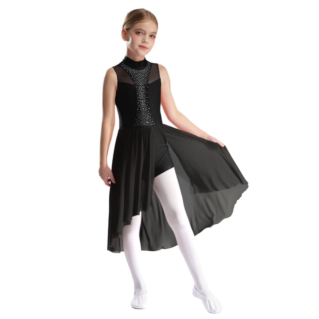 RUNQHUI Robe de Danse Ballet à Sequins pour Filles, Robe de Patinage Artistique Sans Manches Ourlet Irrégulier en Maille Noire 16