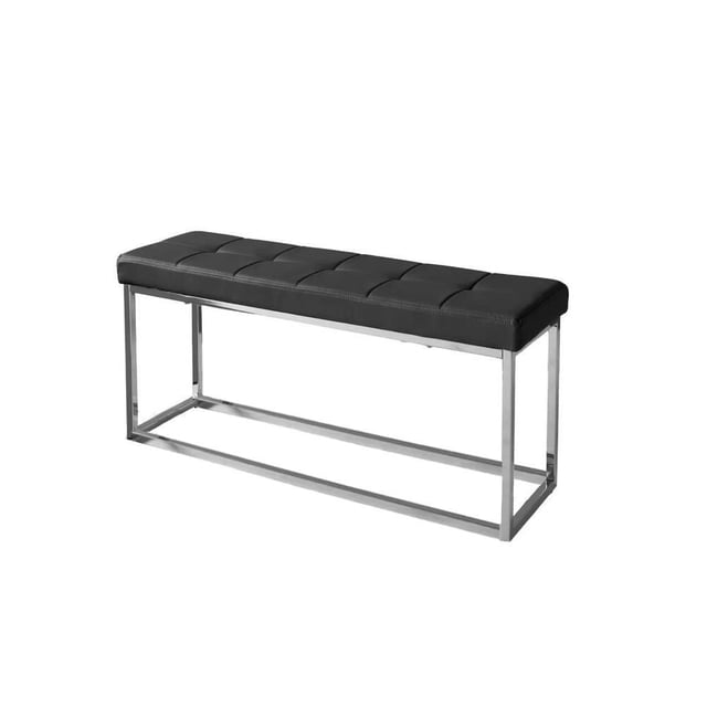 Heavenly Collection Black Leather Bench with tufted black faux leather upholstery and polished stainless steel rectangular base, measuring 17 inches high, 39 inches wide, and 12 inches deep, ideal for entryway or bedroom seating and often used as a stylish accent bench.