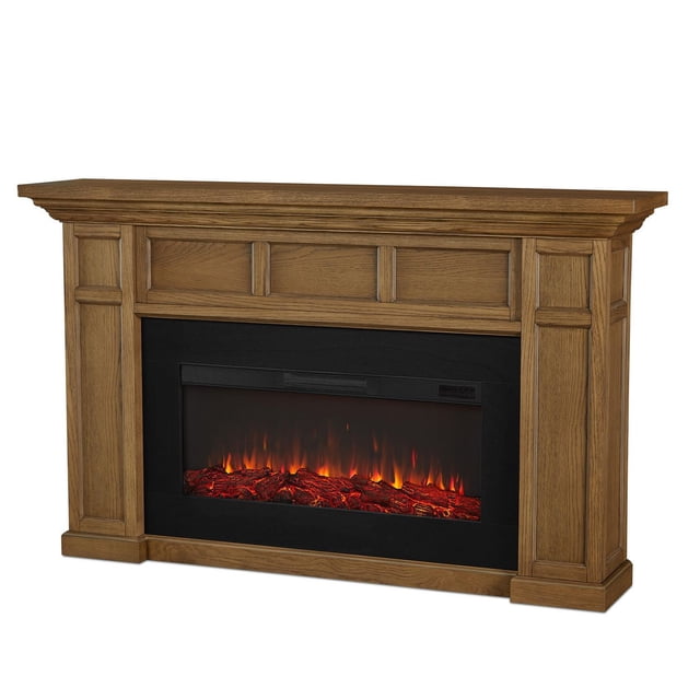 Alcott 75" Landscape Electric Fireplace with a natural wood finish mantel and decorative paneling, featuring an extra-wide infrared firebox with glowing orange and red flames and realistic log set, providing supplemental heat for rooms up to 1000 sq ft with adjustable flame brightness and heat settings.