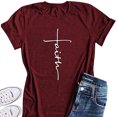 thumbnail image 3 of Femmes T-Shirt Col Rond Manches Courtes Blouse Casual Lettre Décontracté T-Shirt Top, Rouge Vin, L, 3 of 6