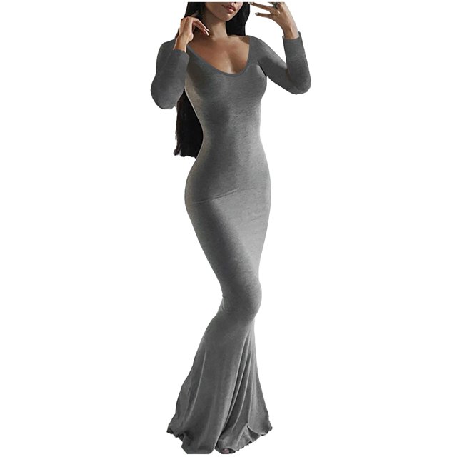 YFELWZ Robe Longue Dos Nu à Manches Longues Aguichant Col en V pour Femmes Grande Taille Gris TTG