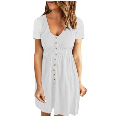 QUYUON Robe Chemise Femme Été Col Rond Manches Courtes Boutonnée devant Mini Robe Ajustée & Évasée Couleur Unie Robes Décontractées Plissées Ligne A Plage Style A-212