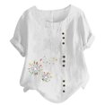thumbnail image 1 of CHOK Mchoice Chemises pour Femmes 2024 à Manches Courtes Décontractées Hauts Grande Taille Col Rond Imprimé Ample Blouse en Coton et Lin à Boutons, 1 of 5