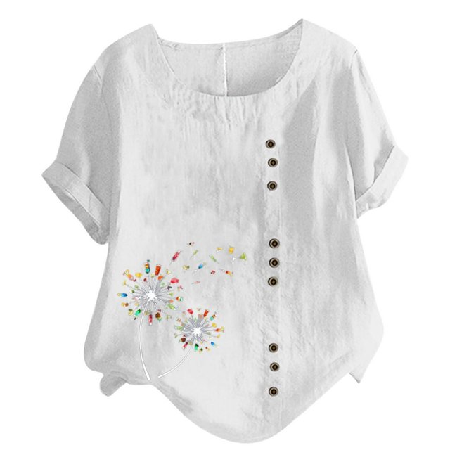CHOK Mchoice Chemises pour Femmes 2024 à Manches Courtes Décontractées Hauts Grande Taille Col Rond Imprimé Ample Blouse en Coton et Lin à Boutons