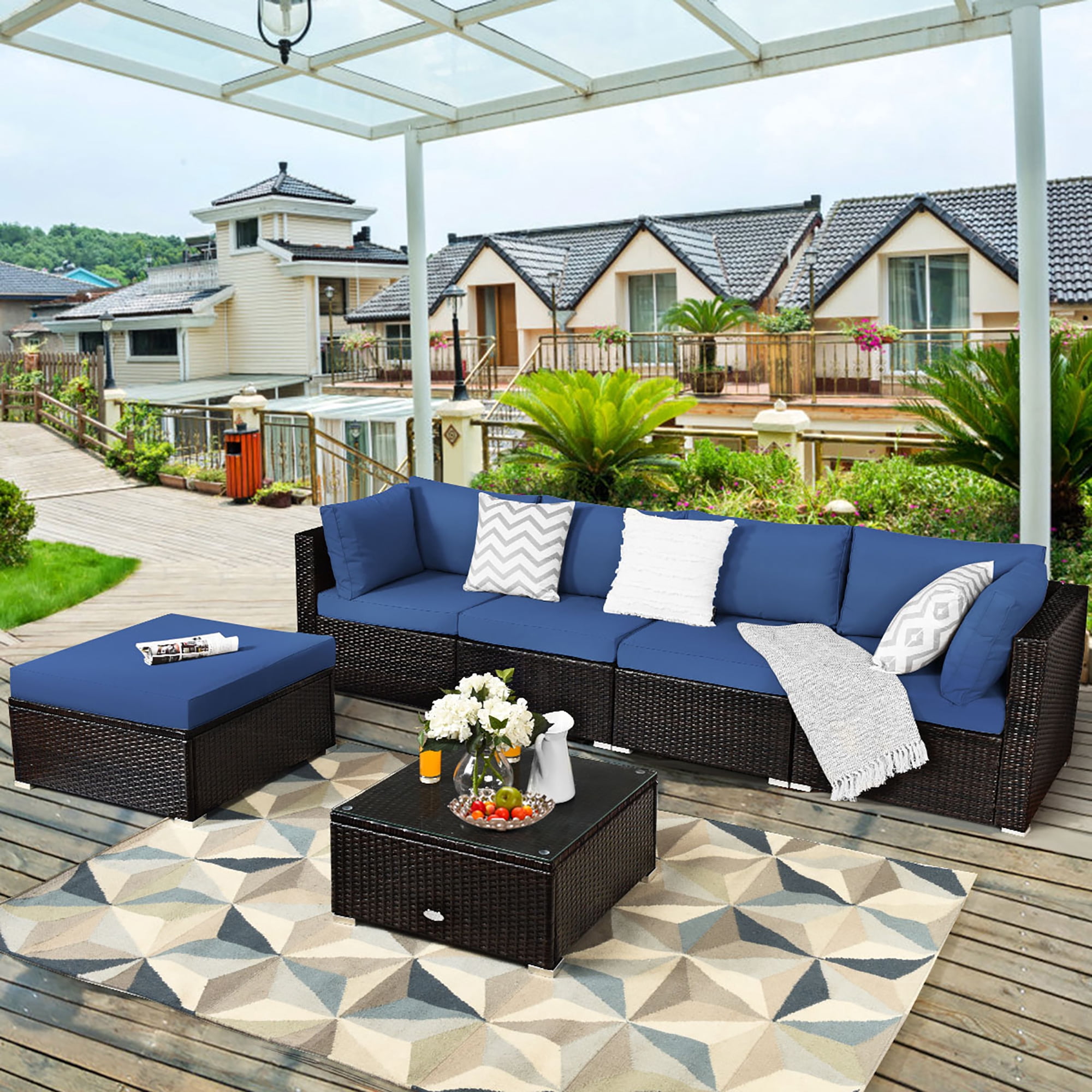 Costway 6PCS Outdoor Patio Rattan Furniture Set Cushioned Sectional Sofa Navy