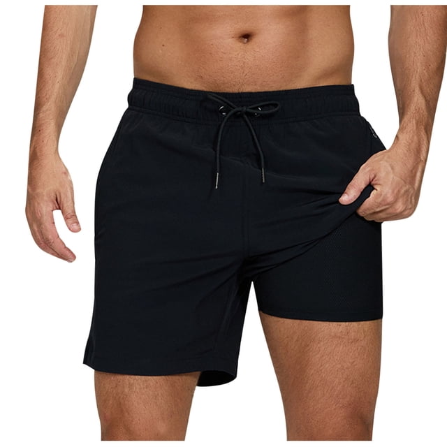 hotojiny 2 in 1 Workout Shorts for Men Fashion Color Block Stretch Gym Short Pants Breathable Drawstring Running Athletic Shorts