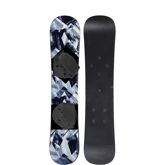 Conquest Zenith 37' Snowboard - Blue showing top view with geometric blue and black pattern and black adjustable bindings fitting various shoe sizes, alongside bottom view with solid black base designed for durability and easy maneuvering, suitable for young snowboarders learning the sport.