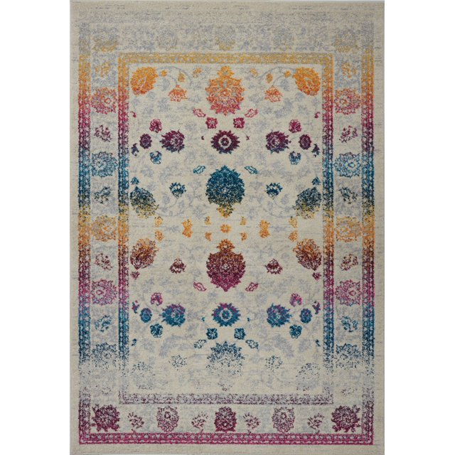 Centrepoint Cream Contemporary Traditional Area Rug 5'3" x 7'6" by LaDole Rugs. A multicolour floral-patterned rug with vibrant tones of blue, pink, orange, and yellow on a cream base. Crafted from durable polypropylene with a machine-woven traditional pile. Ideal for living rooms, bedrooms, dining rooms, kids' rooms, or home offices.
