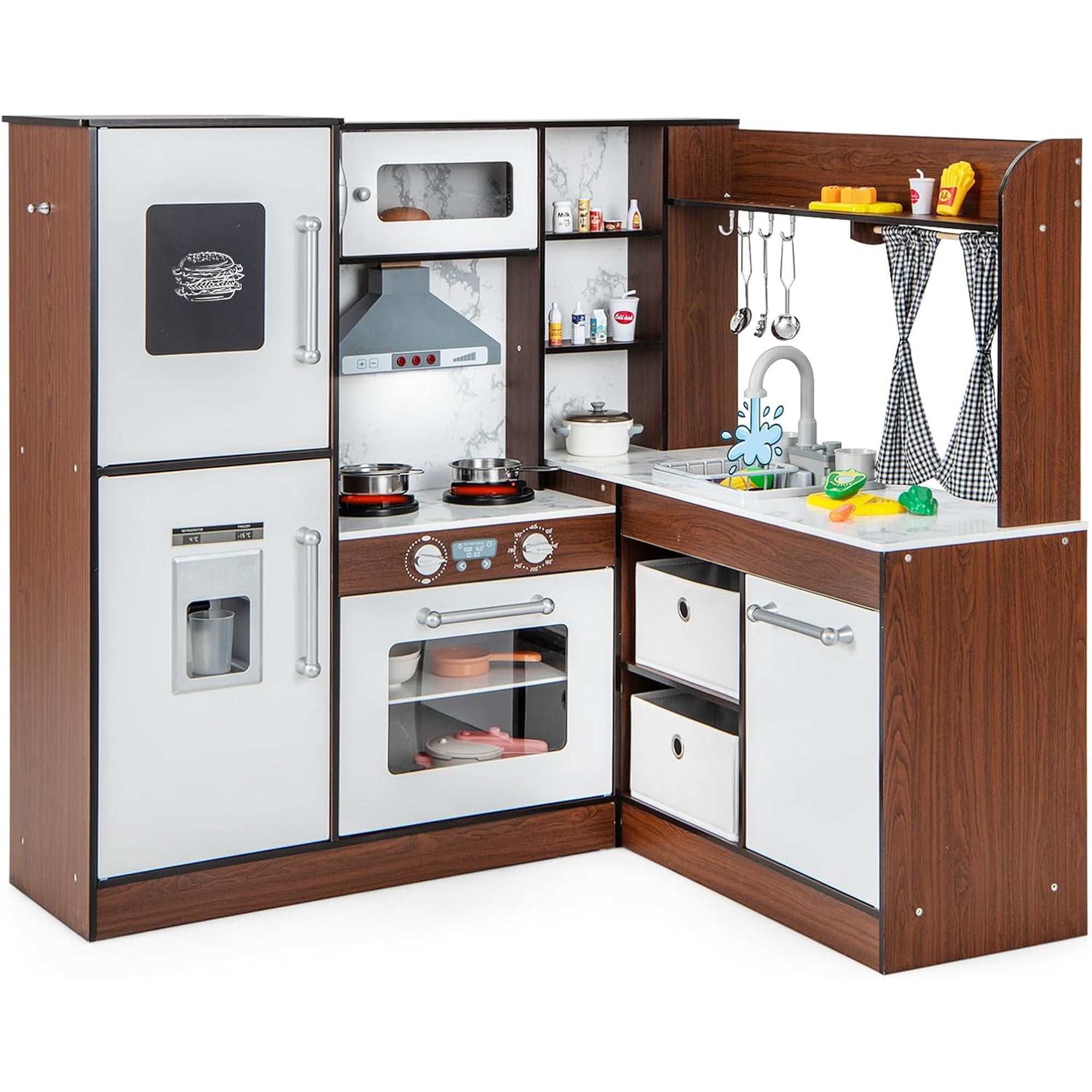 Cuisine Enfant En Bois DREAMADE 3 Ans+ Avec Micro-Ondes, Cuisinière Et Accessoires - Sons Et Lumières Blanc Naturel Jeu D'imitation Cuisine Réaliste