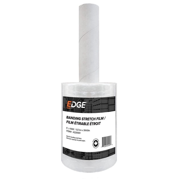 EDGE Mini Stretch Wrap Film with Handle, 5 inch x 1000 ft, clear banding stretch wrap roll with a white core and black and white label showing product details and barcode, made for secure bundling and shipping small items in moving and storage supplies.