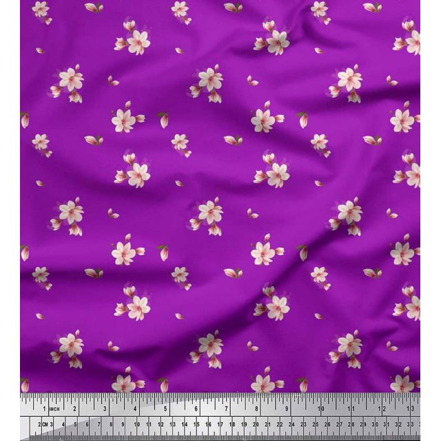 Soimoi Poly Georgette Fabric Leaves & Magnolia Floral Print Sewing Fabric Yard 52 Inch Wide