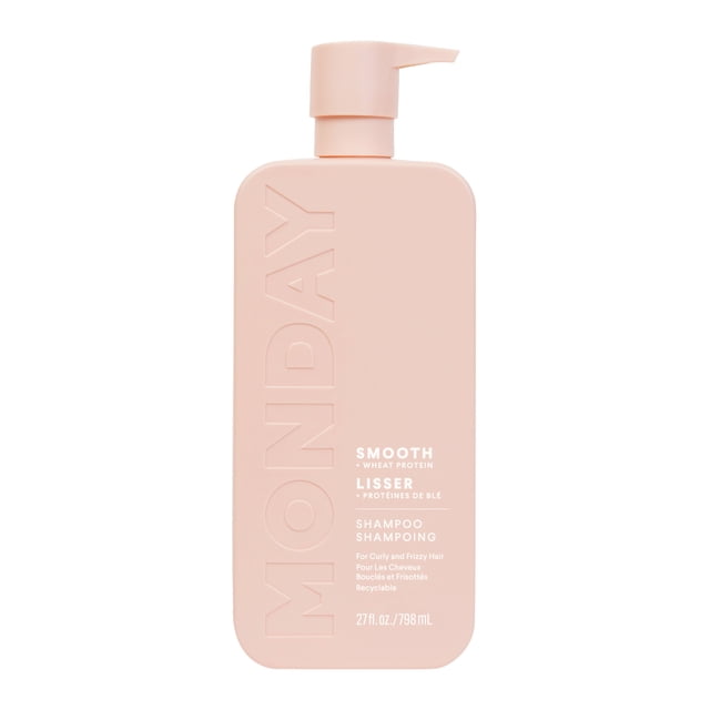 MONDAY Haircare SMOOTH Shampoo with Wheat Protein and Avocado Oil for frizz-prone hair in a 798 mL soft pink pump bottle, embossed with the brand name and bilingual label, formulated to smooth and hydrate curly, wavy, or frizzy hair, pH balanced, sulfate and paraben free, cruelty-free and recyclable.